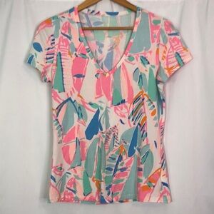 Lilly Pulitzer Michele V-Neck Top Short Sleeve Out to Sea Sailboats Sz M